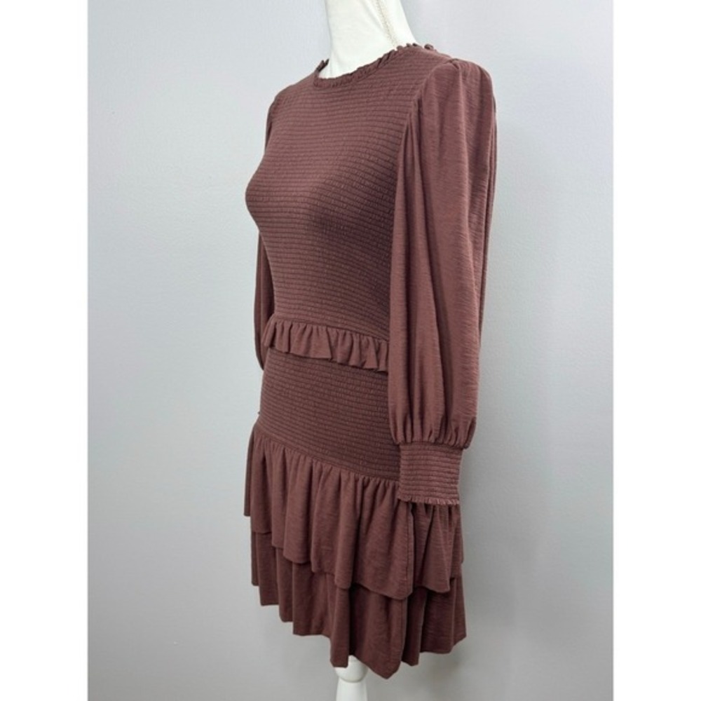 Nation LTD Abby Smocked Mini Dress Small Mauve Ruffle Long Sleeve Boho Romantic - Picture 7 of 13